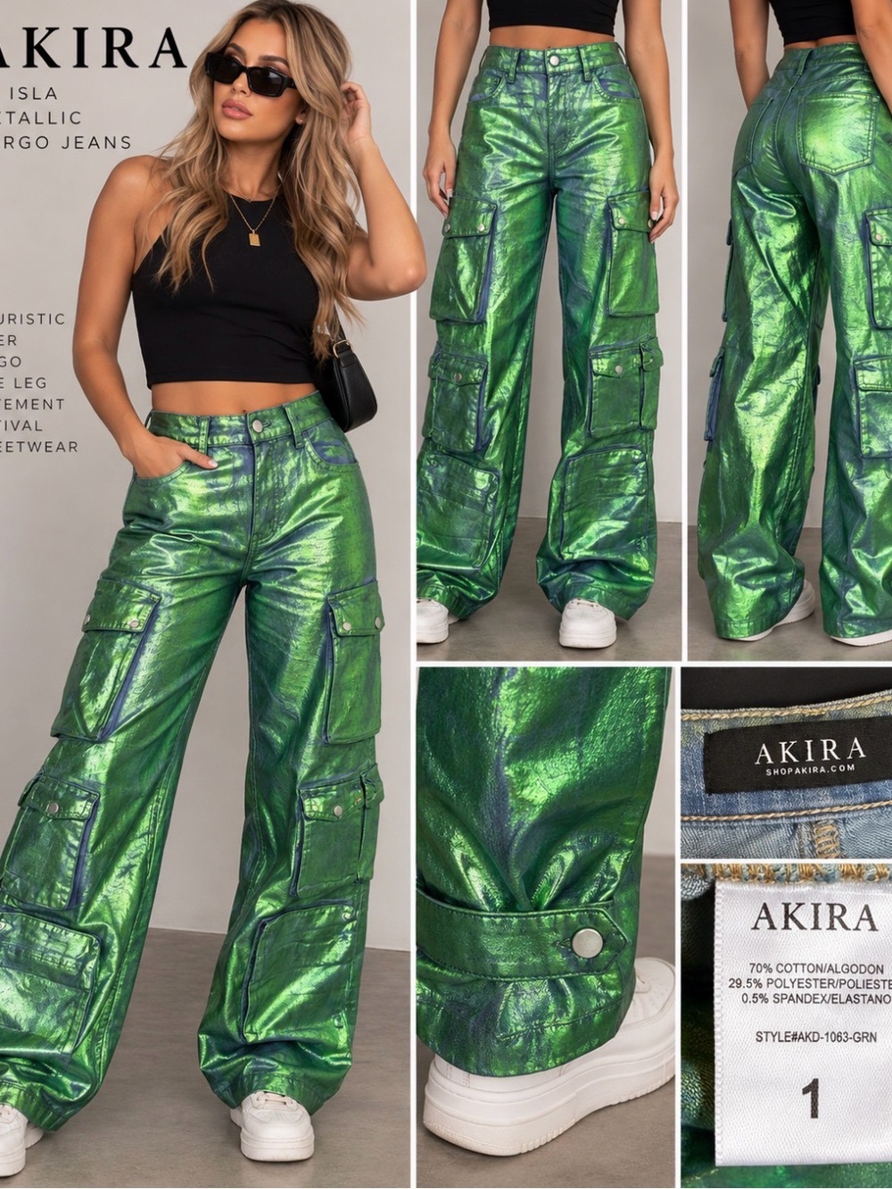 AKIRA La Isla Metallic Green Cargo Jeans Size 1 Y2K Futuristic Wide Leg